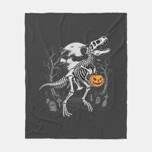 Dinosaurus Skelet Halloween Pompoen Begraafplaats Fleece Deken (Voorkant)