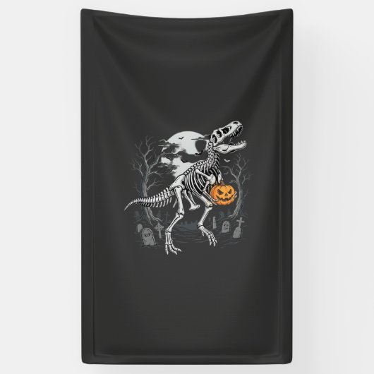 Dinosaurus Skelet Halloween Pompoen Begraafplaats Spandoek (Verticaal)