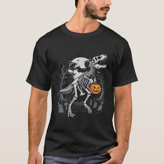 Dinosaurus Skelet Halloween Pompoen Begraafplaats  T-shirt (Voorkant)