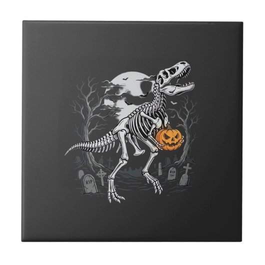 Dinosaurus Skelet Halloween Pompoen Begraafplaats Tegeltje (Voorkant)