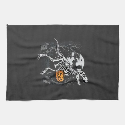 Dinosaurus Skelet Halloween Pompoen Begraafplaats Theedoek (Horizontaal)