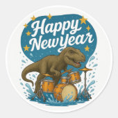 Dinosaurus speelt drums Sticker Happy New Year. (Voorkant)