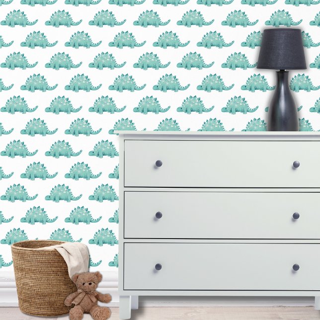Dinosaurus stegosaurus kinderen behang (Dinosaur wallpaper with stegosaurus design on white for boys bedroom, playroom or nursery.)