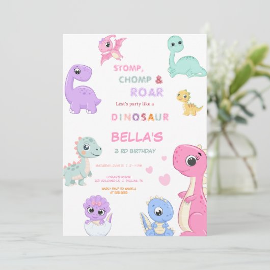 Dinosaurus Stomp Chomp Rawer Verjaardag MEISJE Par Kaart (Staand voorkant)