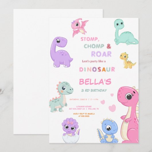 Dinosaurus Stomp Chomp Rawer Verjaardag MEISJE Par Kaart (Voorkant / Achterkant)