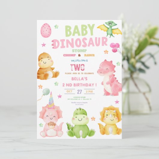 Dinosaurus Stomp Chomp Rawer Verjaardagsfeestje Me Kaart (Staand voorkant)