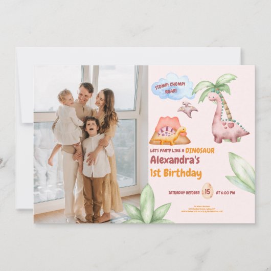 Dinosaurus Stomp Chomp Rawr 1e Verjaardag Feest Me Kaart (Voorkant)