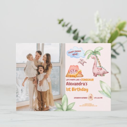 Dinosaurus Stomp Chomp Rawr 1e Verjaardag Feest Me Kaart (Staand voorkant)