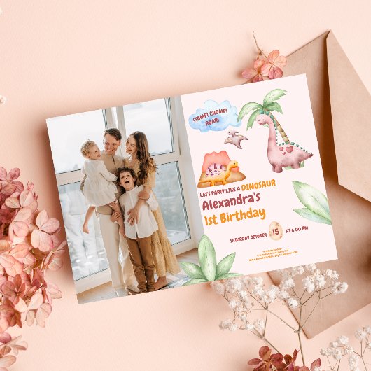 Dinosaurus Stomp Chomp Rawr 1e Verjaardag Feest Me Kaart