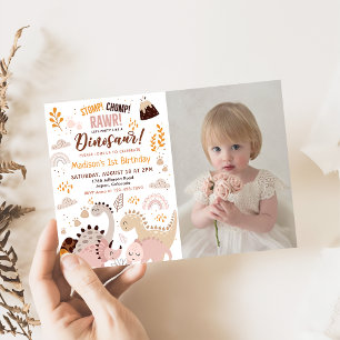 Dinosaurus Stomp Chomp Rawr 1e Verjaardag Foto Kaart