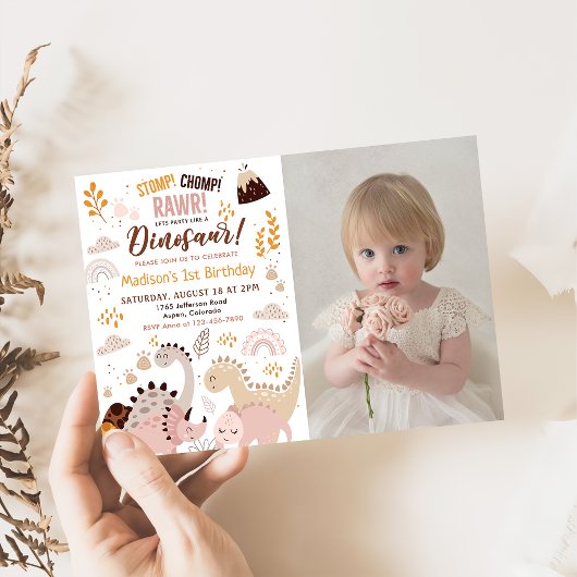 Dinosaurus Stomp Chomp Rawr 1e Verjaardag Foto Kaart