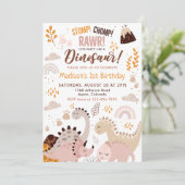 Dinosaurus Stomp Chomp Rawr 1e Verjaardagsfeest Kaart (Staand voorkant)