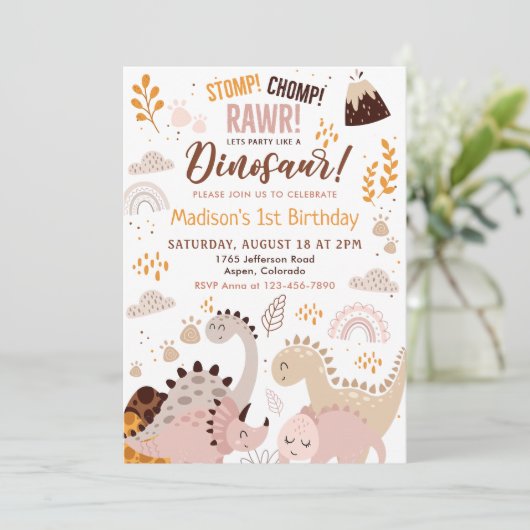 Dinosaurus Stomp Chomp Rawr 1e Verjaardagsfeest Kaart (Staand voorkant)