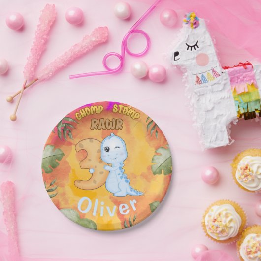 Dinosaurus Stomp Chomp Rawr 3e verjaardagsfeestje Papieren Bordje (Feest)