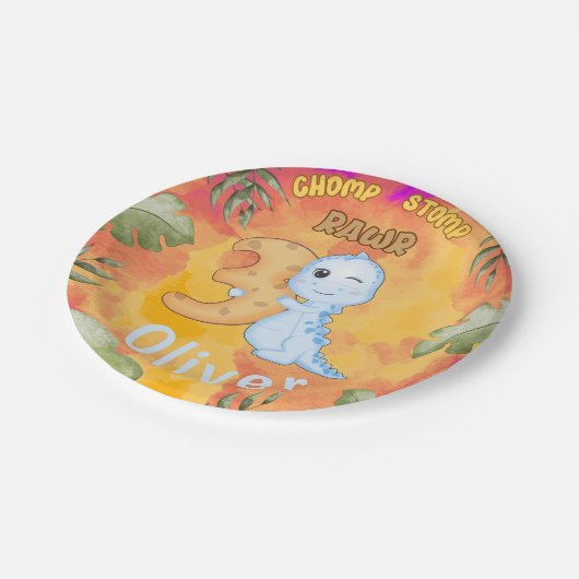 Dinosaurus Stomp Chomp Rawr 3e verjaardagsfeestje Papieren Bordje (Gekanteld)