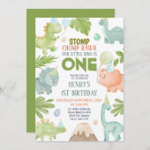 Dinosaurus Stomp Chomp Rawr Boy Dino 1e verjaardag Kaart (Voorkant / Achterkant)
