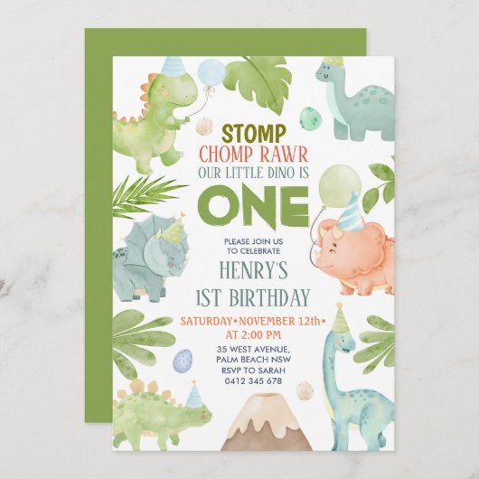 Dinosaurus Stomp Chomp Rawr Boy Dino 1e verjaardag Kaart (Voorkant / Achterkant)