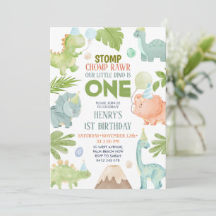 Dinosaurus Stomp Chomp Rawr Boy Dino 1e verjaardag Kaart
