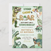 Dinosaurus Stomp Chomp Roar 1e Verjaardagsfeestje Kaart (Voorkant)