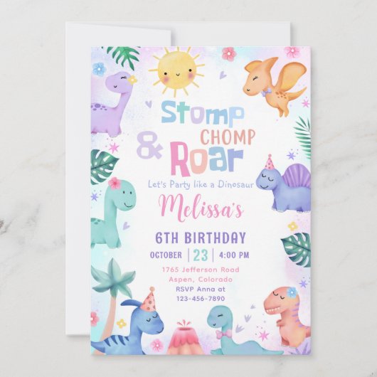 Dinosaurus Stomp, Chomp & Roar Verjaardagsuitnodig Kaart (Voorkant)