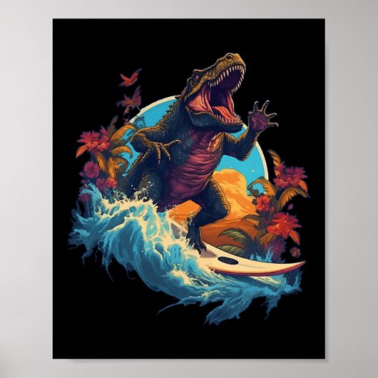 Dinosaurus Surfboard Strand Surfen Surfer Dinosaur Poster (Voorkant)
