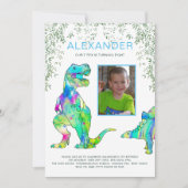 Dinosaurus T-Rex 8e verjaardag Party Blauw Groen Kaart (Voorkant)