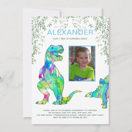 Dinosaurus T-Rex 8e verjaardag Party Blauw Groen Kaart (Voorkant)