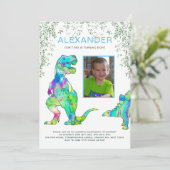 Dinosaurus T-Rex 8e verjaardag Party Blauw Groen Kaart (Staand voorkant)