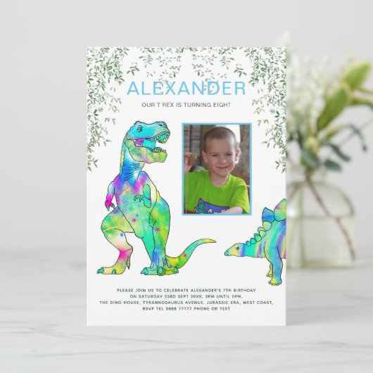 Dinosaurus T-Rex 8e verjaardag Party Blauw Groen Kaart (Staand voorkant)