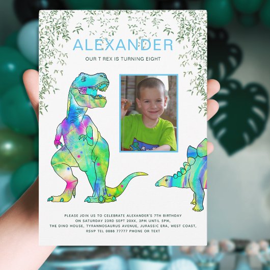 Dinosaurus T-Rex 8e verjaardag Party Blauw Groen Kaart