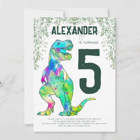 Dinosaurus T-Rex brullen 5e verjaardag feest Kaart (Voorkant)