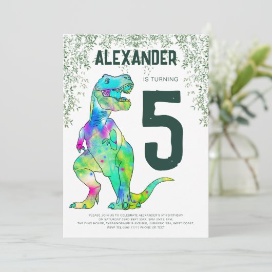 Dinosaurus T-Rex brullen 5e verjaardag feest Kaart (Staand voorkant)