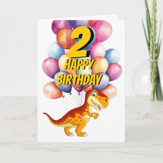 Dinosaurus T Rex Gold 2e Verjaardagsballonnen Kaar Kaart (Voorkant)