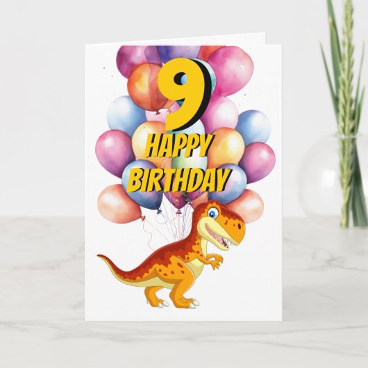 Dinosaurus T Rex Gold 9e Verjaardagsballonnen Kaar Kaart (Voorkant)