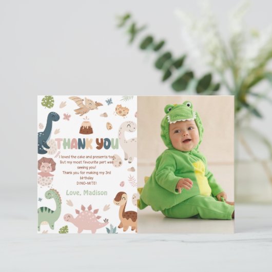 Dinosaurus T-Rex Jongen Verjaardag Foto Dank u Kaa Bedankkaart (Staand voorkant)