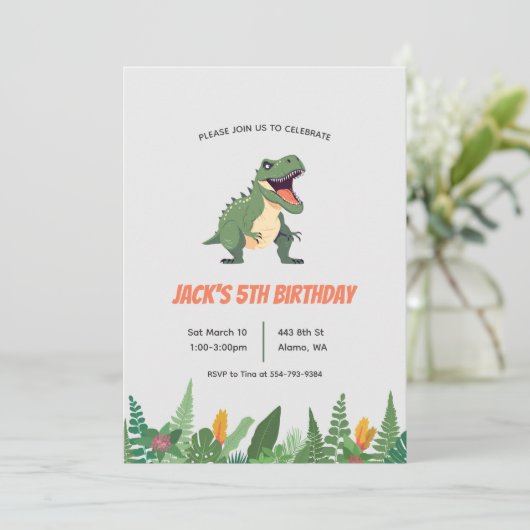 Dinosaurus T-Rex Kinder Jongen Verjaardagsfeestuit Kaart (Staand voorkant)