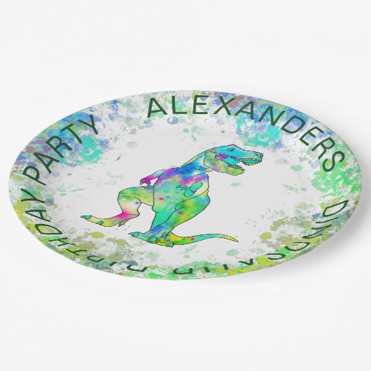 Dinosaurus T-Rex Kleurrijke Waterverf Verjaardagsf Papieren Bordje (Gekanteld)