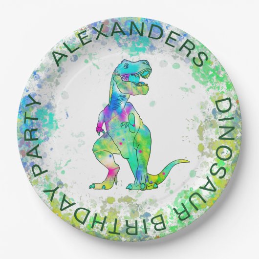 Dinosaurus T-Rex Kleurrijke Waterverf Verjaardagsf Papieren Bordje (Voorkant)