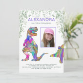 Dinosaurus T-Rex Meisjes Verjaardagsfeestje Paarse Kaart (Staand voorkant)