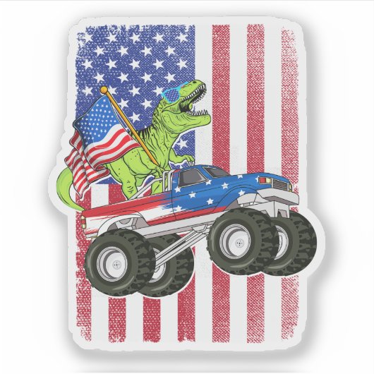 Dinosaurus T Rex Monster Truck Amerikaanse vlag Sticker (Voorkant)