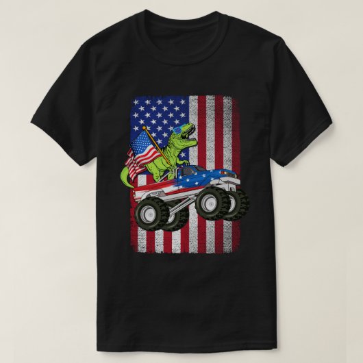Dinosaurus T Rex Monster Truck Amerikaanse vlag T-shirt (Design voorkant)