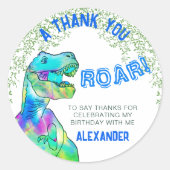 Dinosaurus T-Rex Roar Verjaardagsfeestje Dank u Ronde Sticker (Voorkant)