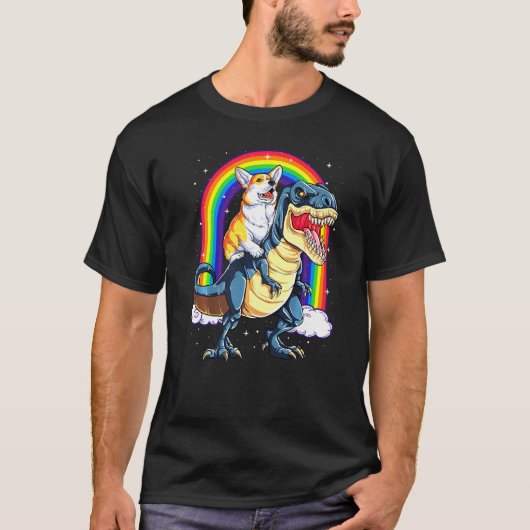 Dinosaurus T Rex Space Galaxy Rainbow Corgi T-shirt (Voorkant)