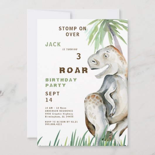 Dinosaurus T-rex Uitnodiging voor verjaardagsfeest (Voorkant)