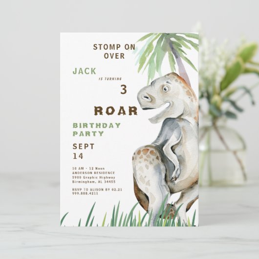 Dinosaurus T-rex Uitnodiging voor verjaardagsfeest (Staand voorkant)