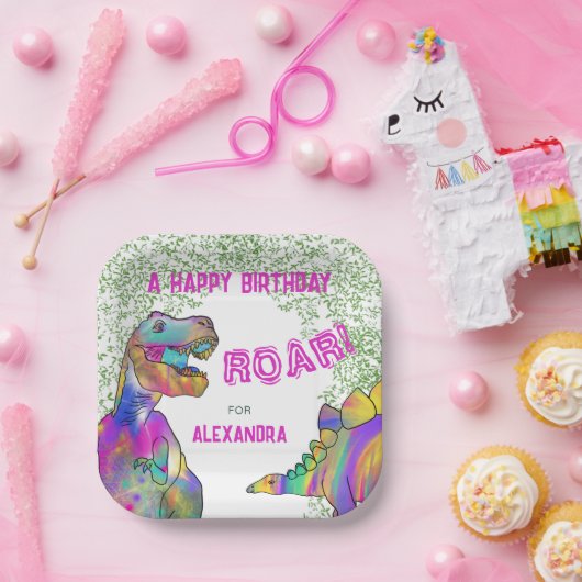 Dinosaurus T-Rex Verjaardagsfeestje Roze Papieren Bordje (Feest)