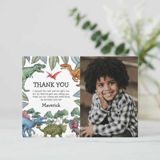 Dinosaurus T-Rex Verjaardagsfoto Dankjewelkaart Bedankkaart (Staand voorkant)