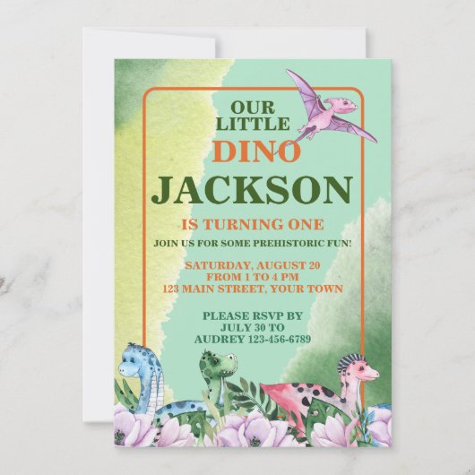 Dinosaurus thema 1e verjaardag kaart (Voorkant)