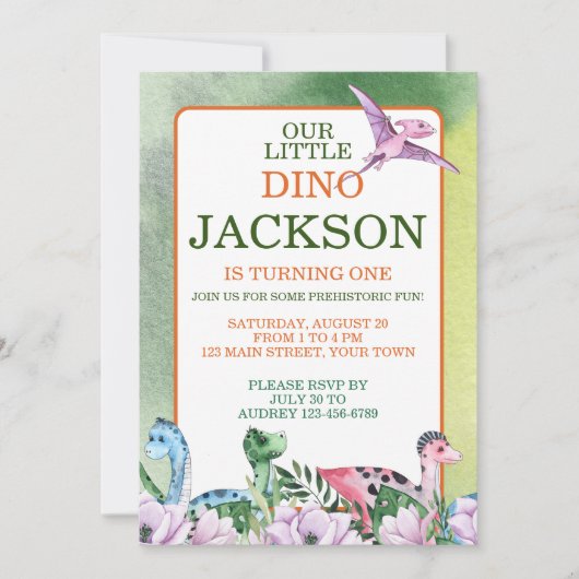 Dinosaurus thema 1e verjaardag uitnodiging (Voorkant)