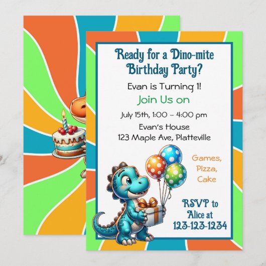 Dinosaurus thema 1e verjaardagsfeestje kaart (Voorkant / Achterkant)